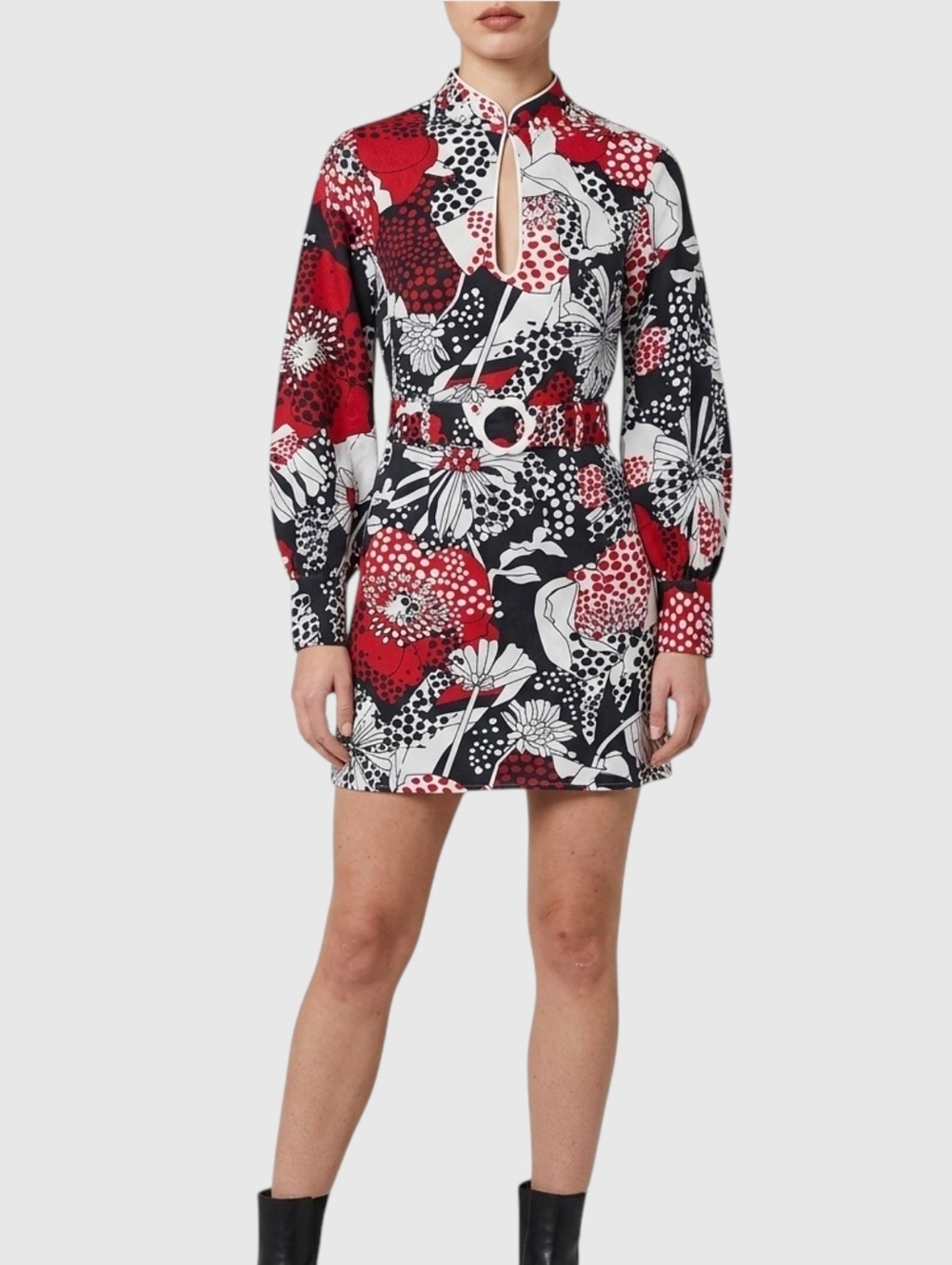 Rixo Michelle Retro Floral Mini Dress - Belted Cotton Canvas - Retro 70s - 6